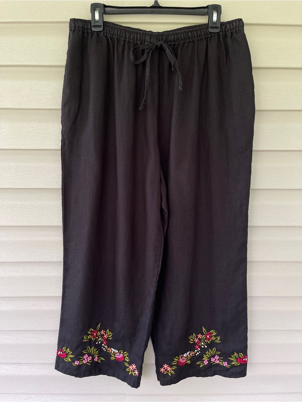 Style & Co. Womens 100% Linen Black Embroidered Floral Wide Leg Pants Size XL